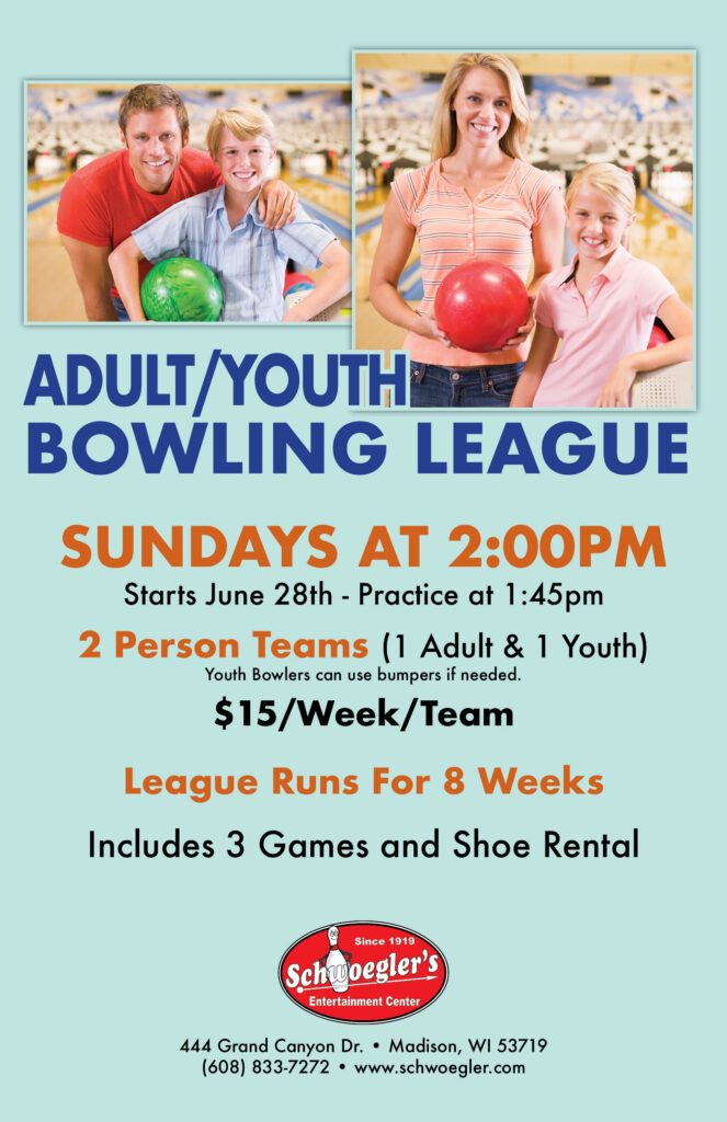 Adult Youth Bowling League on Sundays at 2pm. Starts June 28th. 2 person teams - 1 adult & 1 youth. $15 per week per team