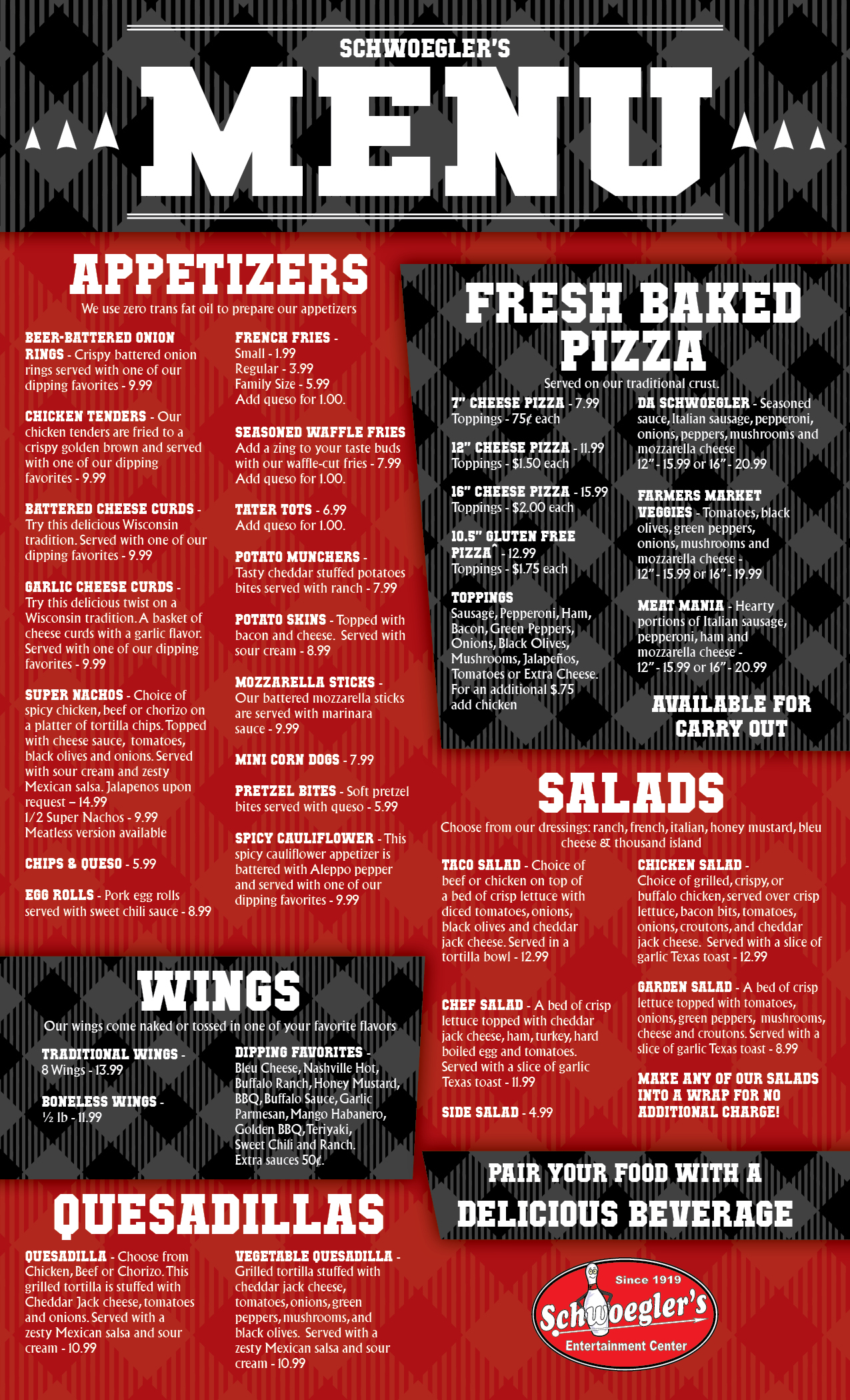 Schwoeglers Menu Featuring Appetizers, wings, pizza and quesadillas