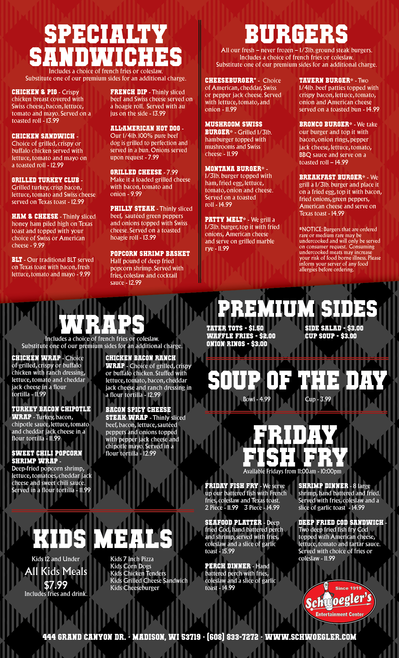 Schwoeglers Menu Featuring Sandwiches, Burgers, Wraps, Fish fry and kids meals